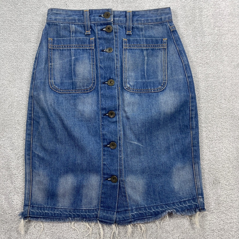 Rag & Bone Denim Skirt Women 24 Blue Santa Cruz Button Front Raw Hem